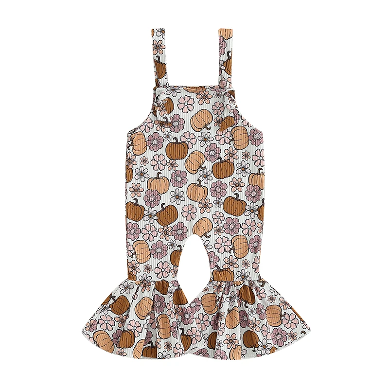 

Toddler Baby Girl Halloween Jumpsuit Flowers&Pumpkin&Spider Web Print Sleeveless Romper Bell-Bottoms
