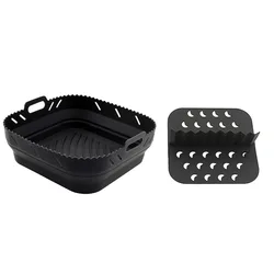 Reusable Dishwasher-Safe Square Silicone Air Fryer Liner with Divider - Heat Resistant & Easy to Clean (Black)
