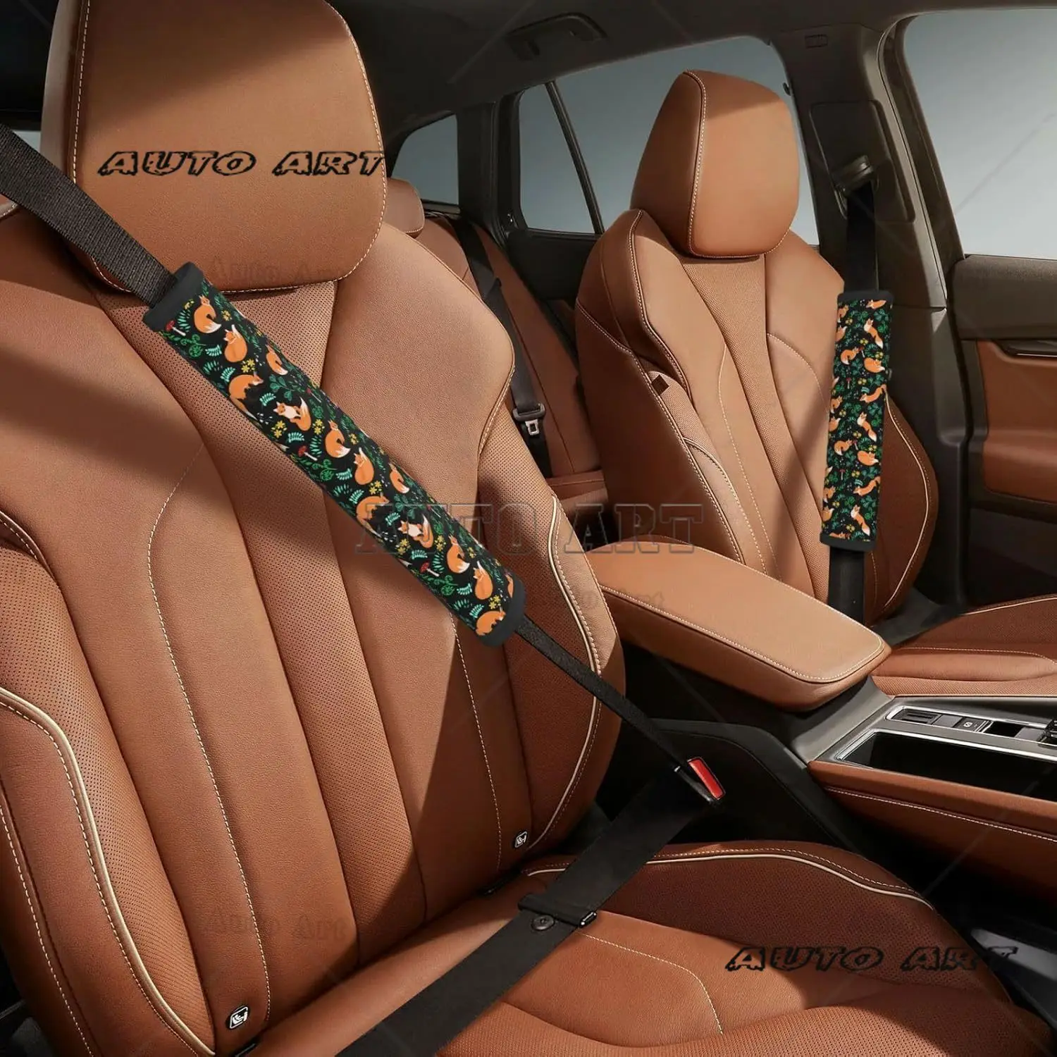 2 Pack car seat belt cushion pad cover red mushroom green leaves flowers floral fox black seat belt shoulder strap covers
