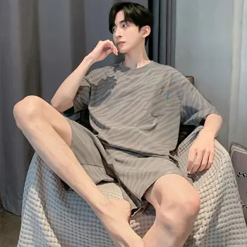 남성용 O넥 잠옷 세트, 캐주얼 반팔 반바지, 단색, 쿨, 루즈, 소프트 패션, 심플, 홈웨어, 여름, 2 피스