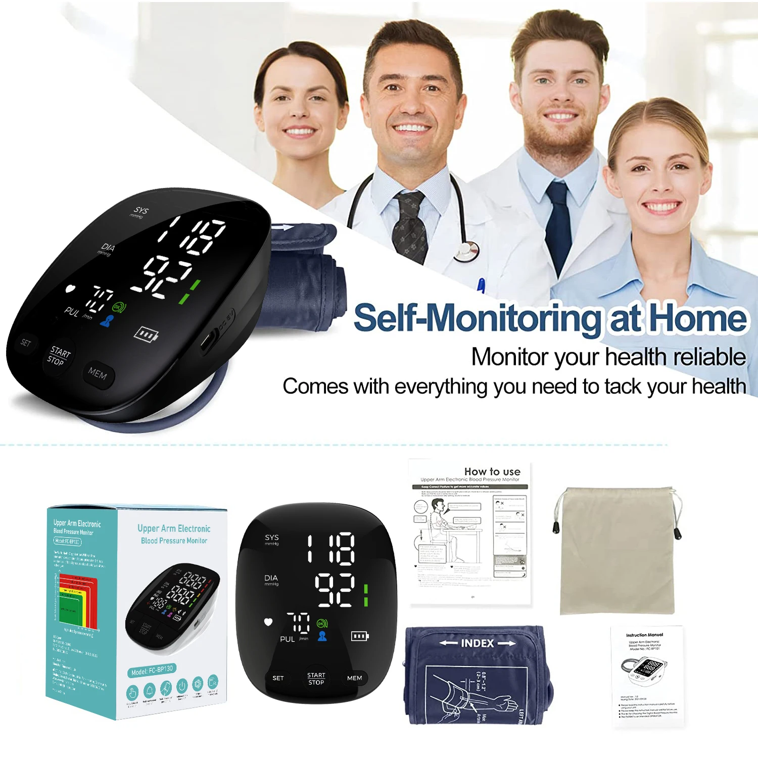 Kingclinic New Household Arm Type Digital Electronic Portable LED Smart Blood Pressure Meter BP Monitor 6