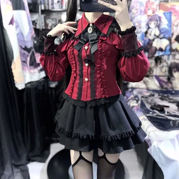 Dark Sweet Heart Ground Type Lolita Set, Ruffle Sleeve Top & A-line Skirt, Cute Kawaii Japanese Style Gothic Coord Outfit S-XL 1