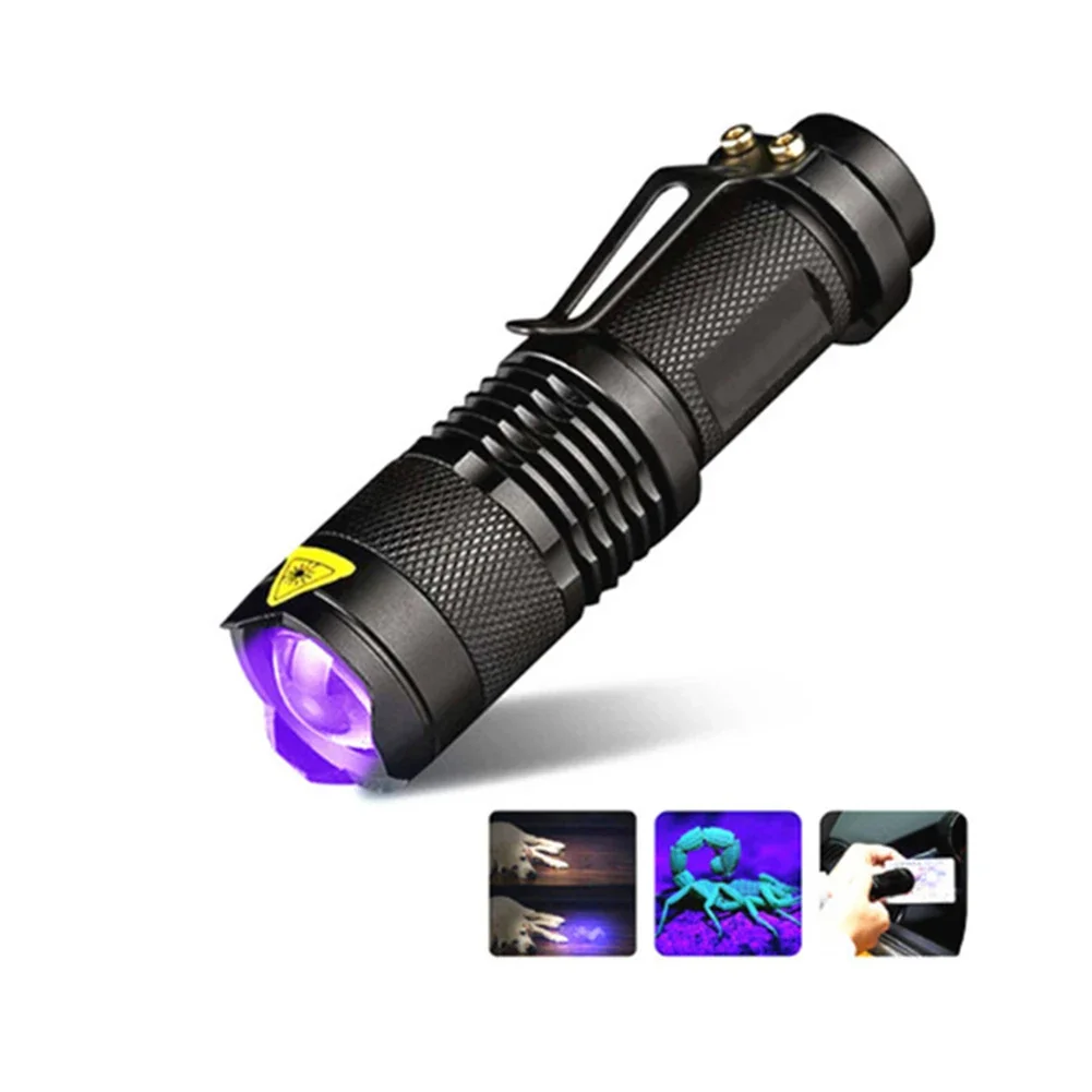 LED UV Lamp Flashlight Ultraviolet Torch Zoom Function Mini UV Black Light Pet Urine Stains Detector Scorpion Hunting