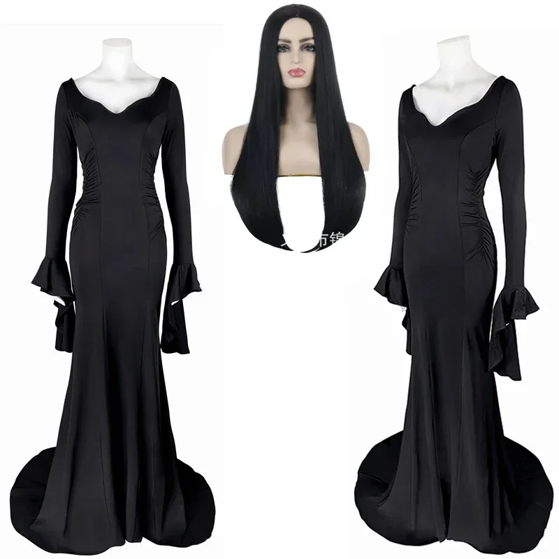 

Addams Wednesday Morticia Addams Cosplay Costume Halloween Sexy Dress Wig Adult Women Punk Gothic Witch Lace Up Slim Gown Dress