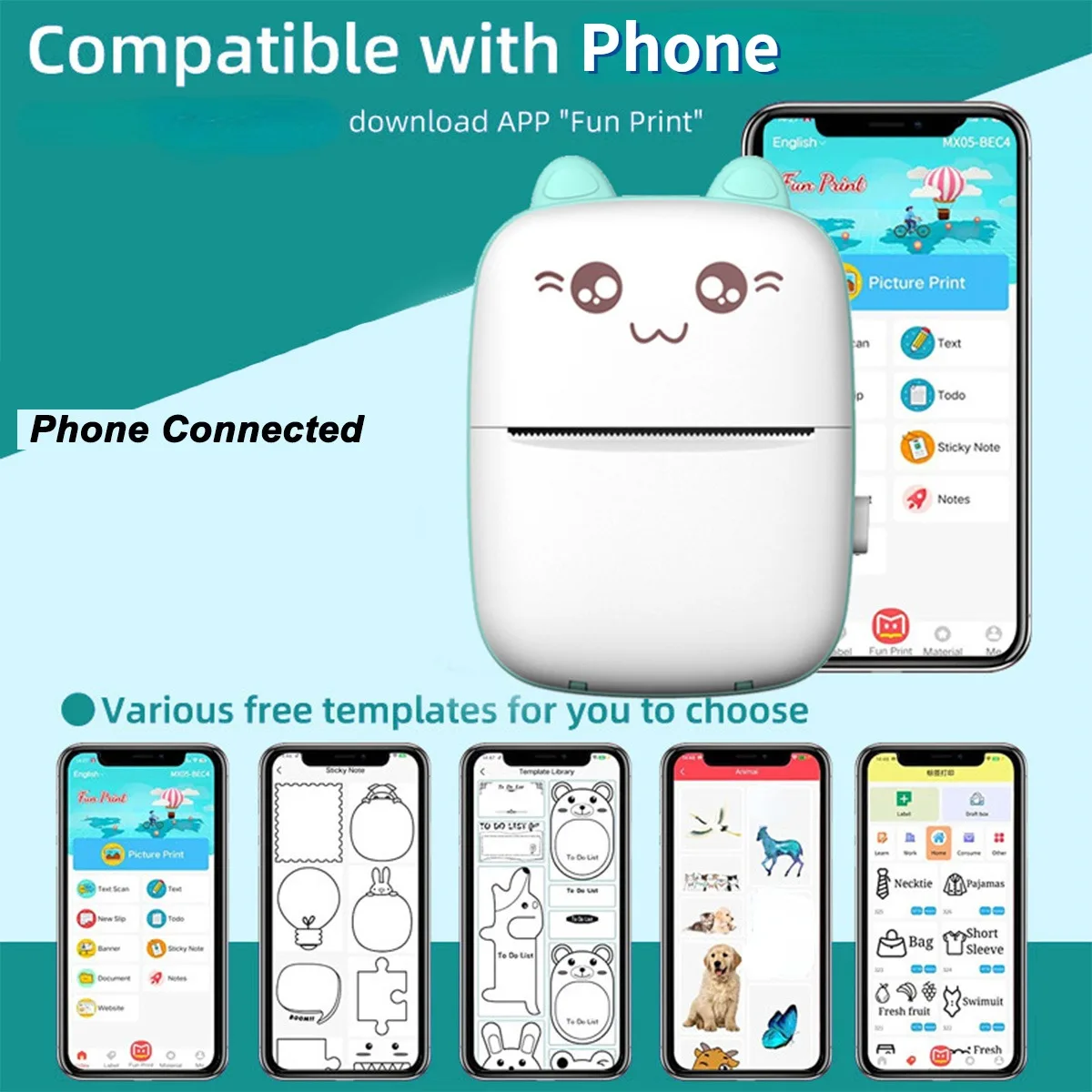 [Portable Thermal Printer] Portable Wireless Mini Thermal Printer with 3Rolls Paper Kit USB Rechargeable,  Ideal for Travel