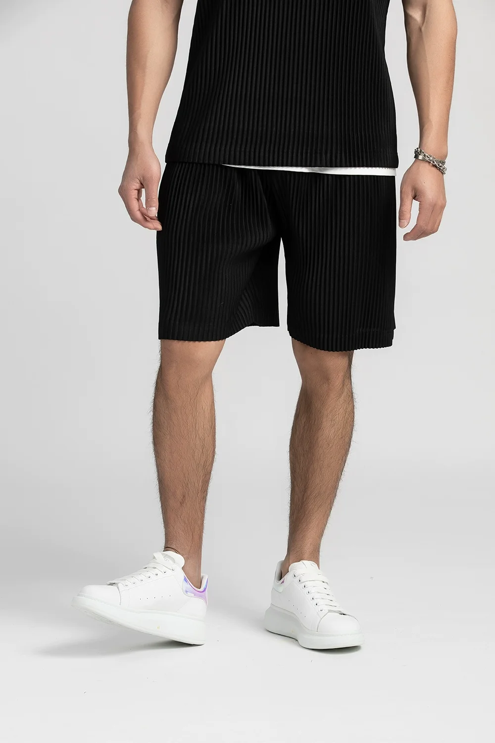 Pleated Shorts black  miteigi Miyake Men’s Loose Casual ribbed mid rise waist drawcord sports Gym clothes Sport Drawstring Pants Activewear for man Spring Summer mens tall plus size fitness sportswear Clothing