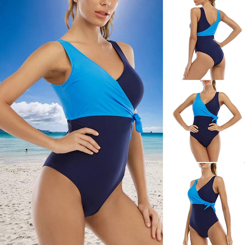 

Новый женский цельный купальник с завязками на талии, одежда для плавания, мягкие купальные костюмы с V-образным вырезом для летнего бассейна