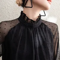 Spring Summer Black Polka Dots Mesh Women's Chiffon Blouses 2025 New Long Sleeve Stand Collar Vintage Loose Shirts Female - Image 5