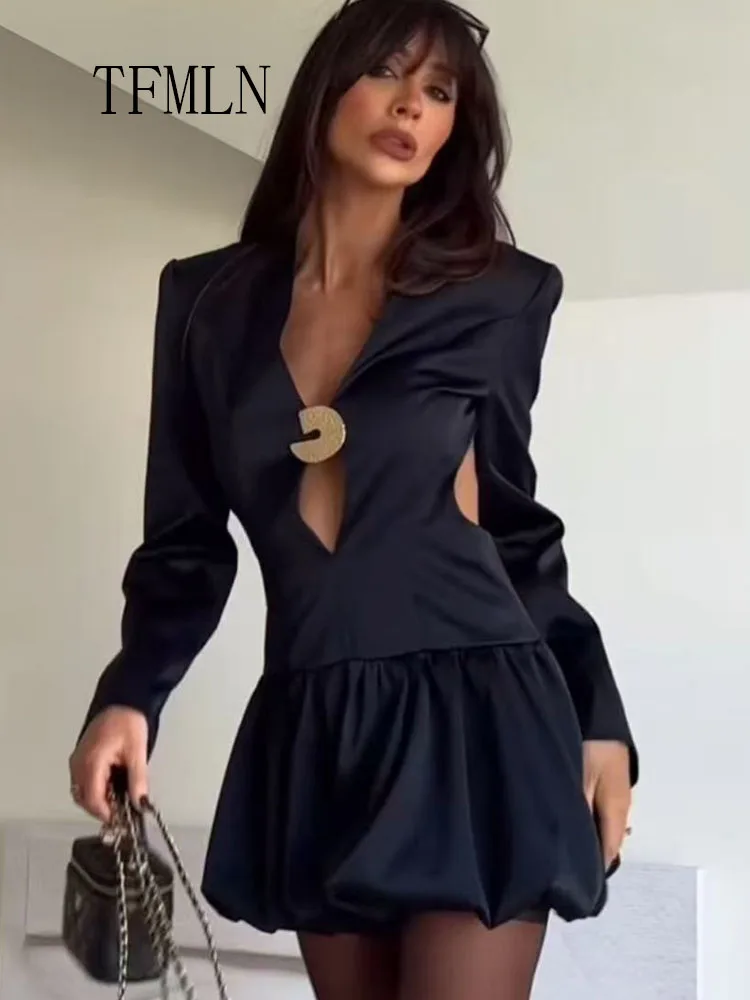 Sexy Women Balloon Shaped Mini Dress 2026 Spring Summer Elegant V-neck Long Sleeve Causal Dress Backless Folds Club Party Dress