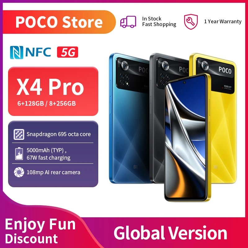Смартфон глобальная версия POCO X4 Pro телефон с NFC 6 ГБ 128 ГБ/8 256 Snapdragon 695 120 Гц AMOLED 67 Вт