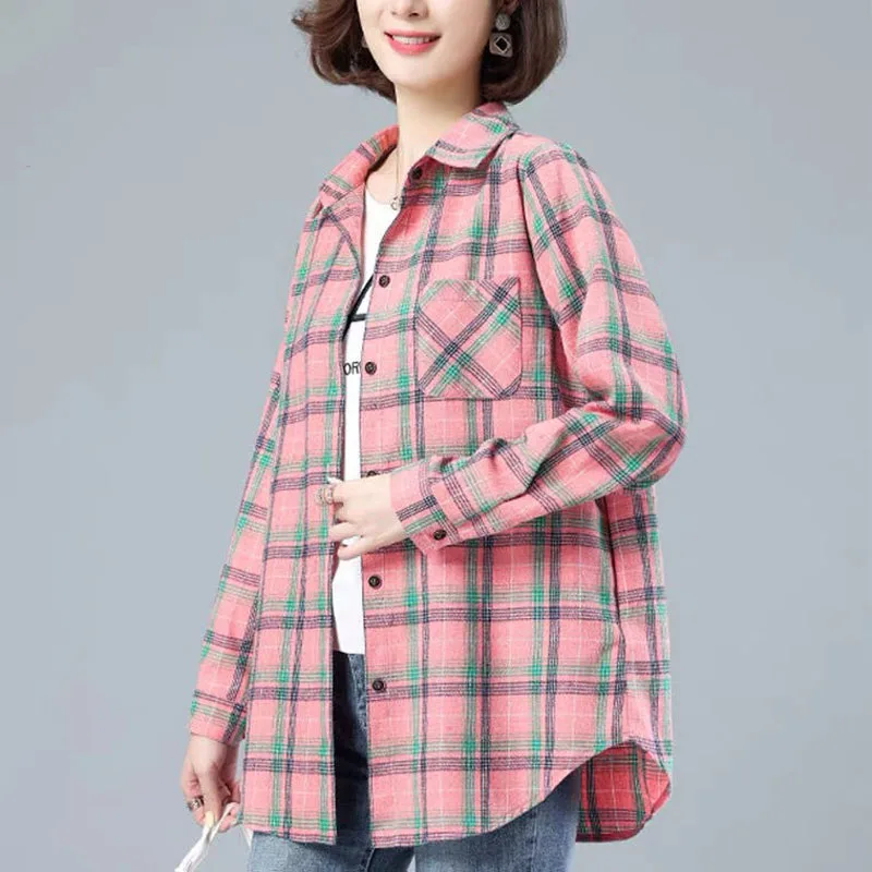 Loose All-match Vintage Plaid Pockets Shirt Spring Women's Clothing Fashion Long Sleeve Turn-down Collar Casual Button Blouse