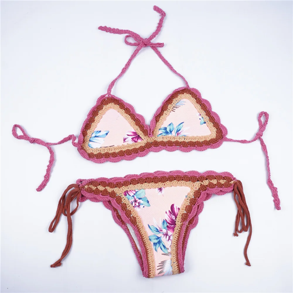 New hand-knitted European and American beach vacation sexy strap printing plus size split bikini swimsuit