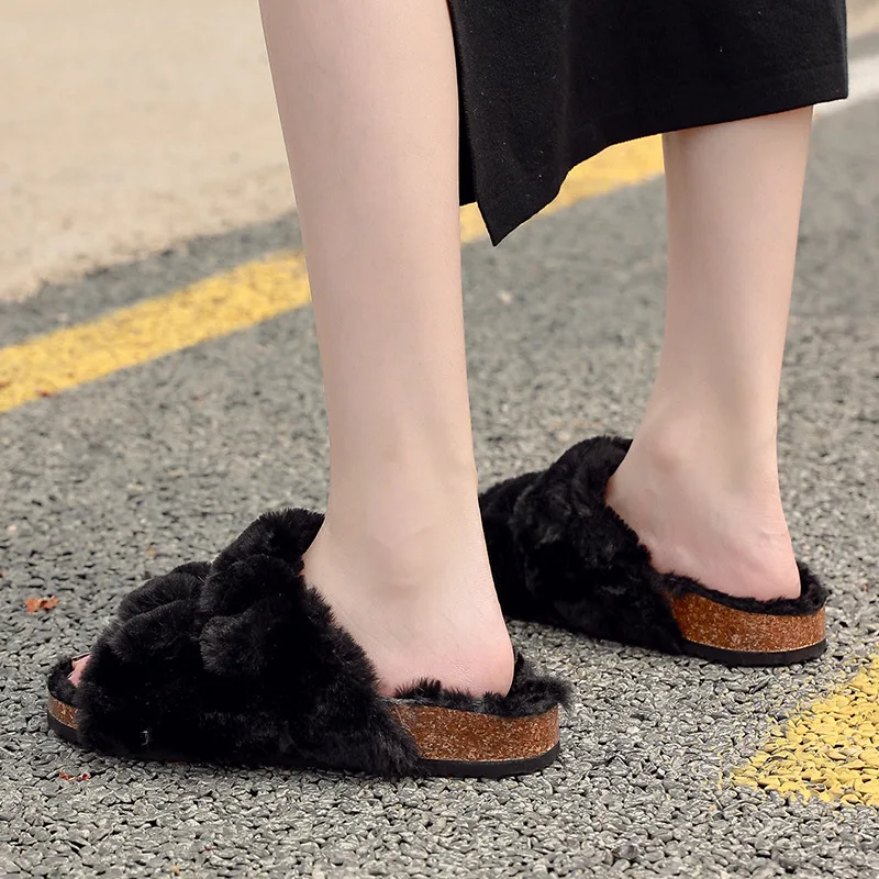 Eyriphy Winter Warm Fur Slippers For Women Adjustable Buckle Home Shoes  Open Toe Cork Footbed Furry Sandals Soft Bottom Slides AliExpress 322