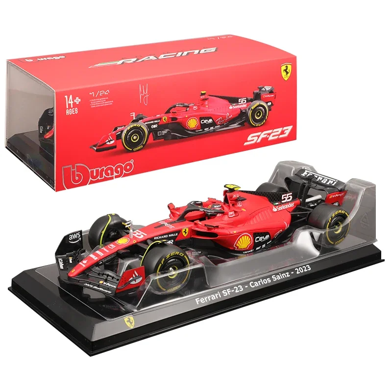 Bburago 1:24 Scuderia Ferrari Team SF23 2023 F1 Modelo de carro de liga de corrida # 16 Carlos Leclerc # 55 Brinquedo fundido com fórmula Carlos Sainz
