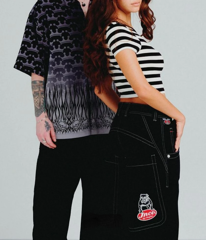 

Уличные коллекционные предметы JNCO, черные джинсы, новинка 2024, винтажные мешковатые джинсы в стиле Харадзюку для мужчин и женщин Y2K 2000S