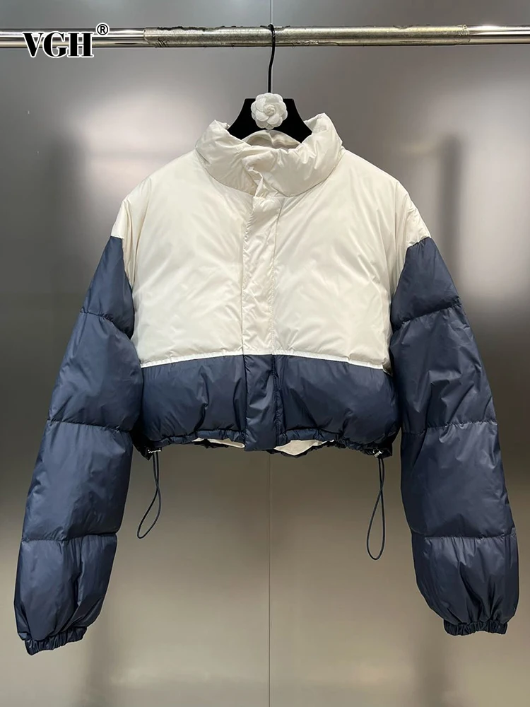 

VGH Patchwork Drawstring Colorblock Casual Winter Coats For Women Stand Collar Long Sleeve Minimalist Loose Parkas Female New