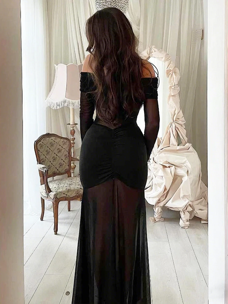 Nibber Patchwork Mesh Maxi Dress Women Slash Neck Full Sleeve Peach Butt Folds Classic Prom Party Fashion Elegant Chic Vestidos