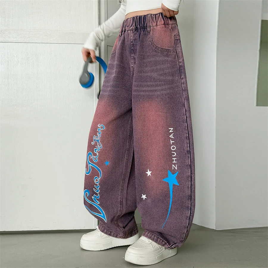 한국 스트리트 스타일 어린이 봄 와이드 레그 멀티 컬러 곡선 청바지 어린이를위한 문자 인쇄가있는 소녀 힙합 데님 바지