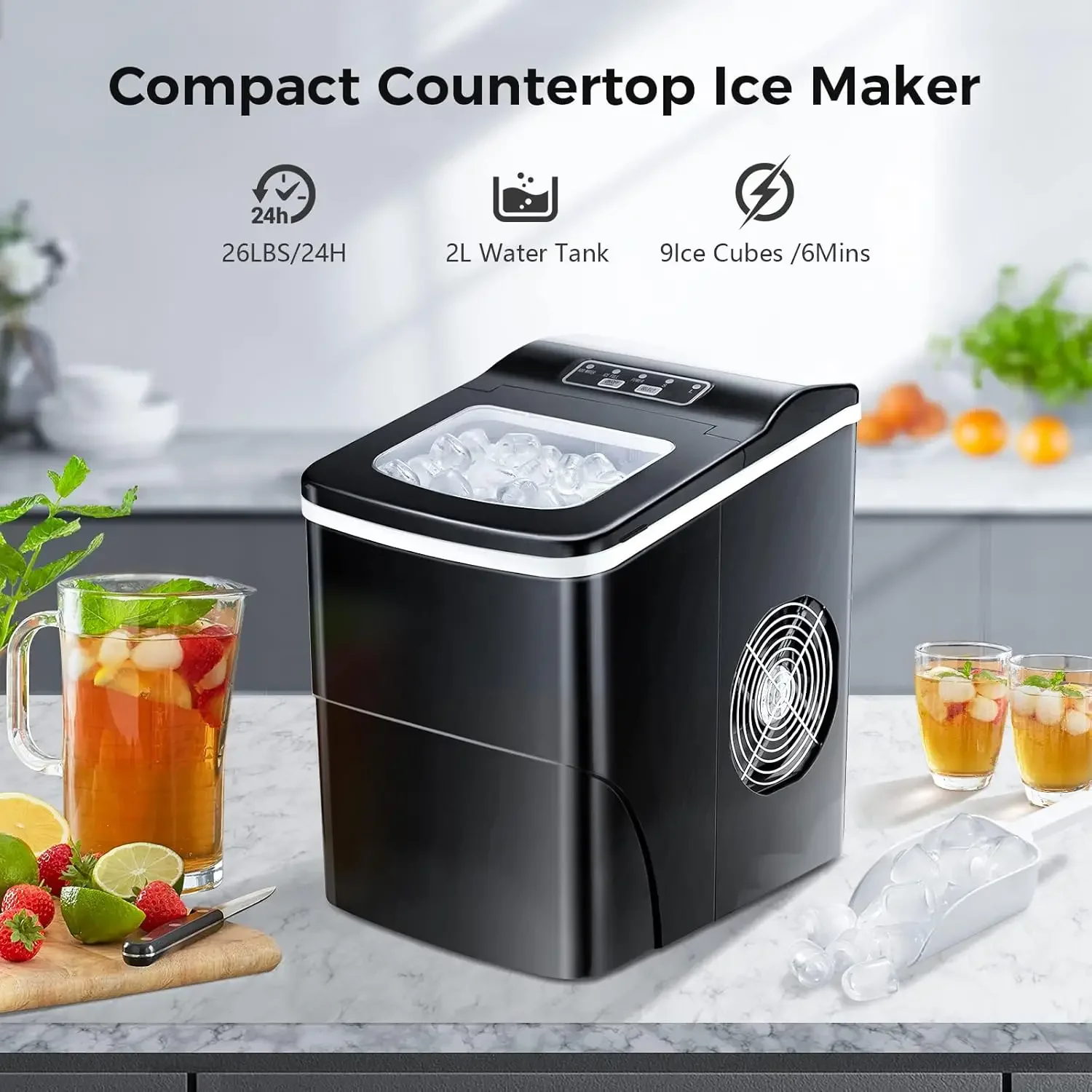 Ice Makers Countertop with Self-Cleaning, 26lbs/24hrs, 9 Cubes Ready in 6 Mins, Portable Ice Machine with 2 Sizes Bullet 2