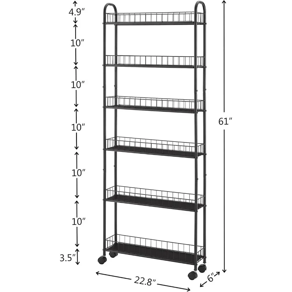 6 Tier Slim Storage Cart with Wheels, Metal Mobile Shelving Unit Organizer Utility Cart for Kitchen Laundry Room Narrow Places 5