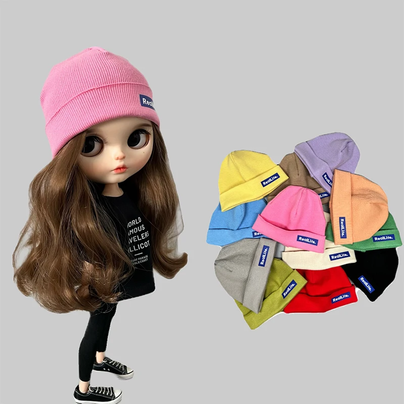 DLBell Winter Blythe Doll Hat Mini Knitted Fluorescent Cute Hats Casual Caps for Blyth Licca Pullip OB24 Dolls Accessories dlbell round neck tight shirts crop tops short sleeve t shirt and wide leg jeans streetwear for blythe azone ob24 doll clothes