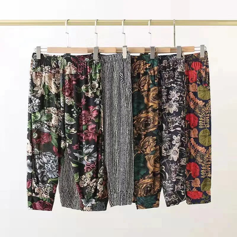 

New Summer Women Harem Pants Casual High Waist Pants Printed Elastic Middle Aged Women Summer Ice Silk Cropped Trousers 9 colors