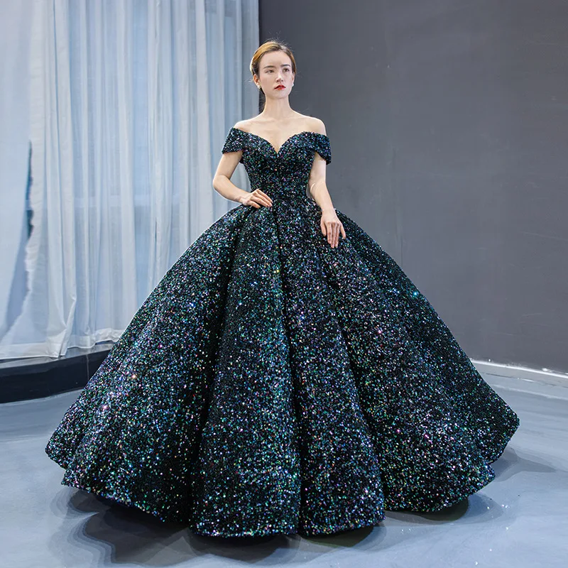 

Handmade custom bride wedding dress, women's 2024 color changing sequin ball performance dress, one shoulder fluffy skirt