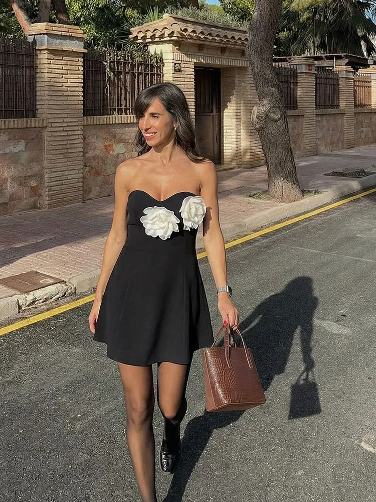 HH Women Fashion 3D Flowers Mini Dress Slim Off Shoulder Sleeveless Strapless Dresses Y2K Elegant Woman Sexy Party Evening Dress