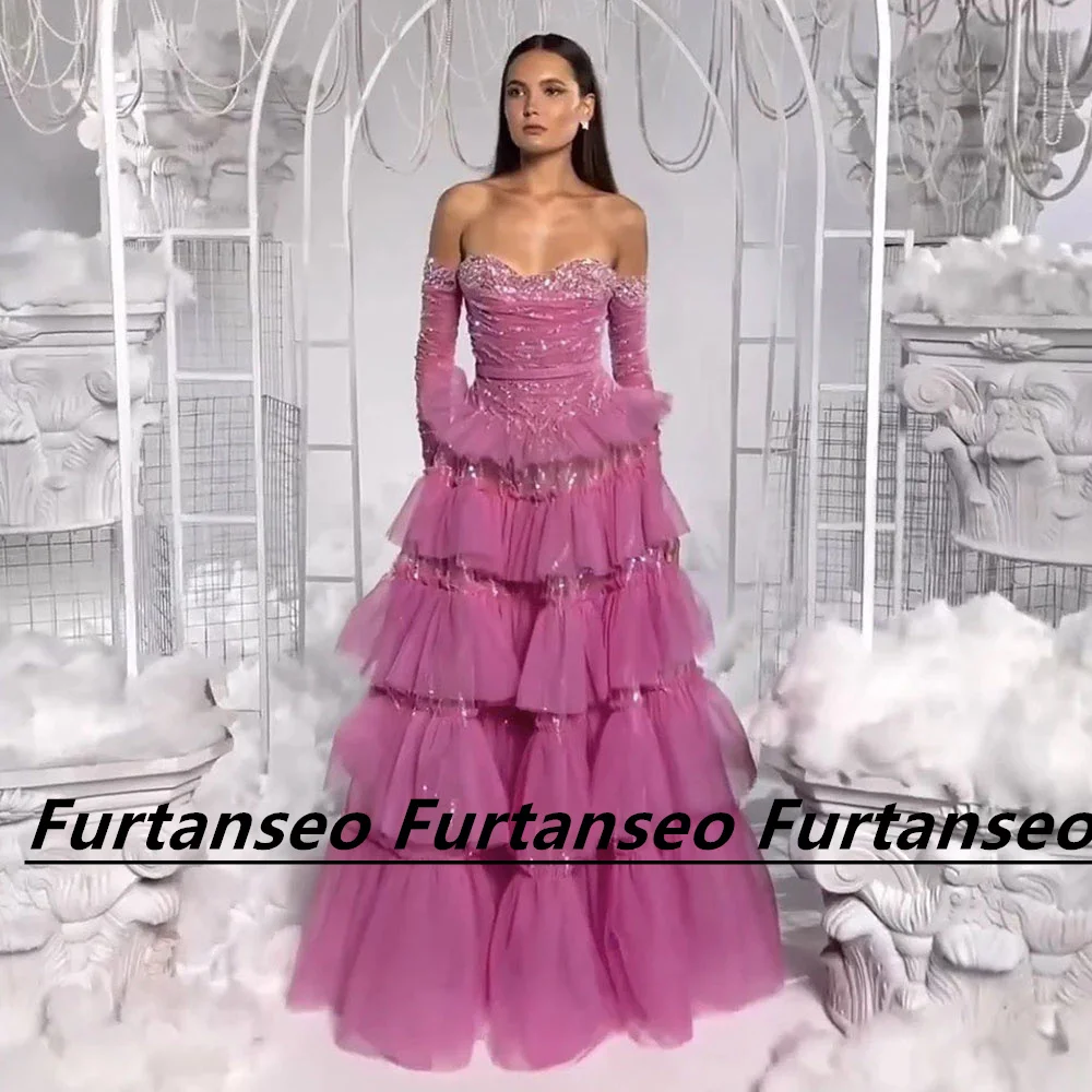 

Fashion A-Line Prom Dress Sweetheart Long Sleeve Tulle Tiered Off The Shoulder Sequin Beading Ribbon Vestidos Para Mujer Gala