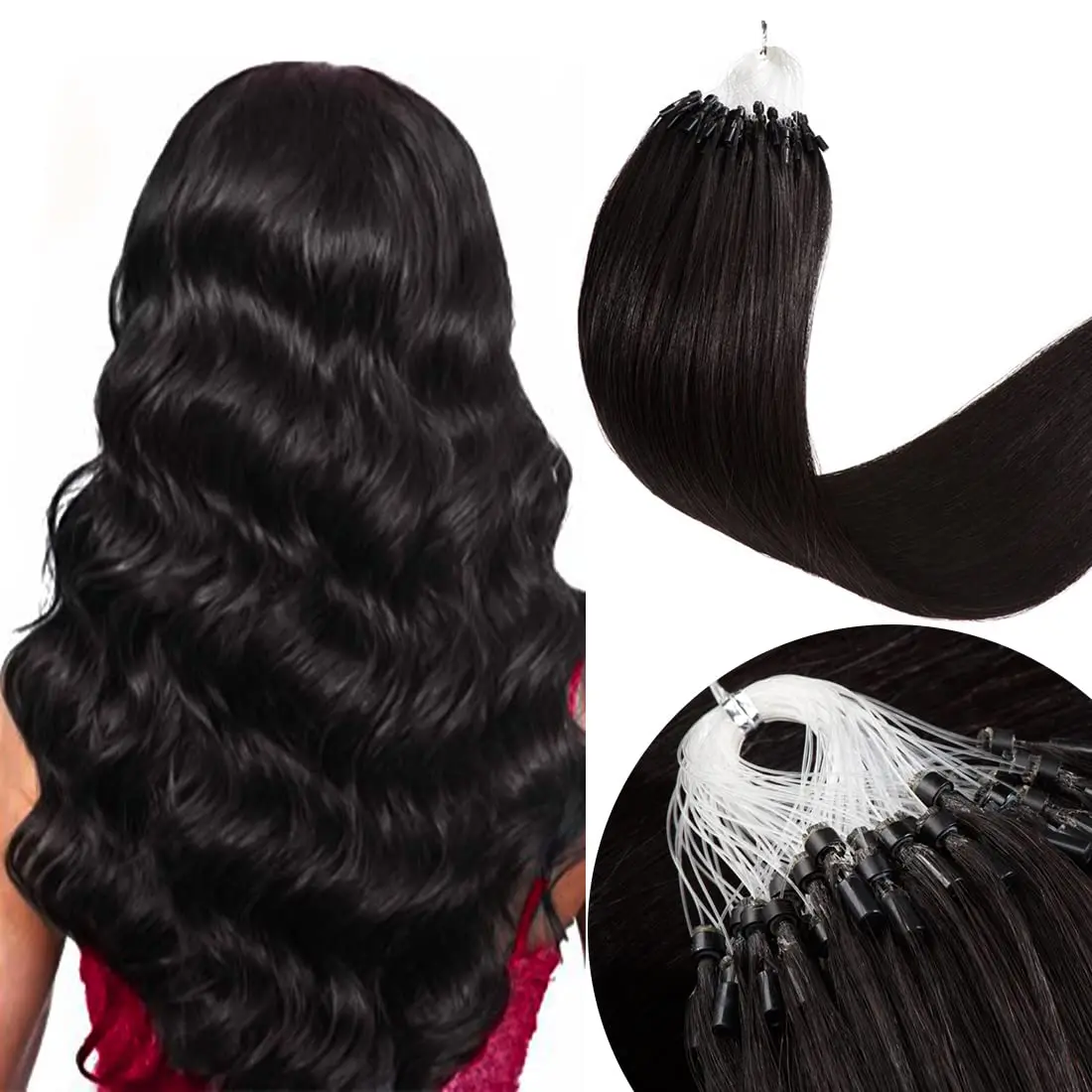Microlink Hair Extensions Human Hair #1B Natural Black Micro Bead Extensions 0.5g/strand 50g/pack Micro Ring Extension