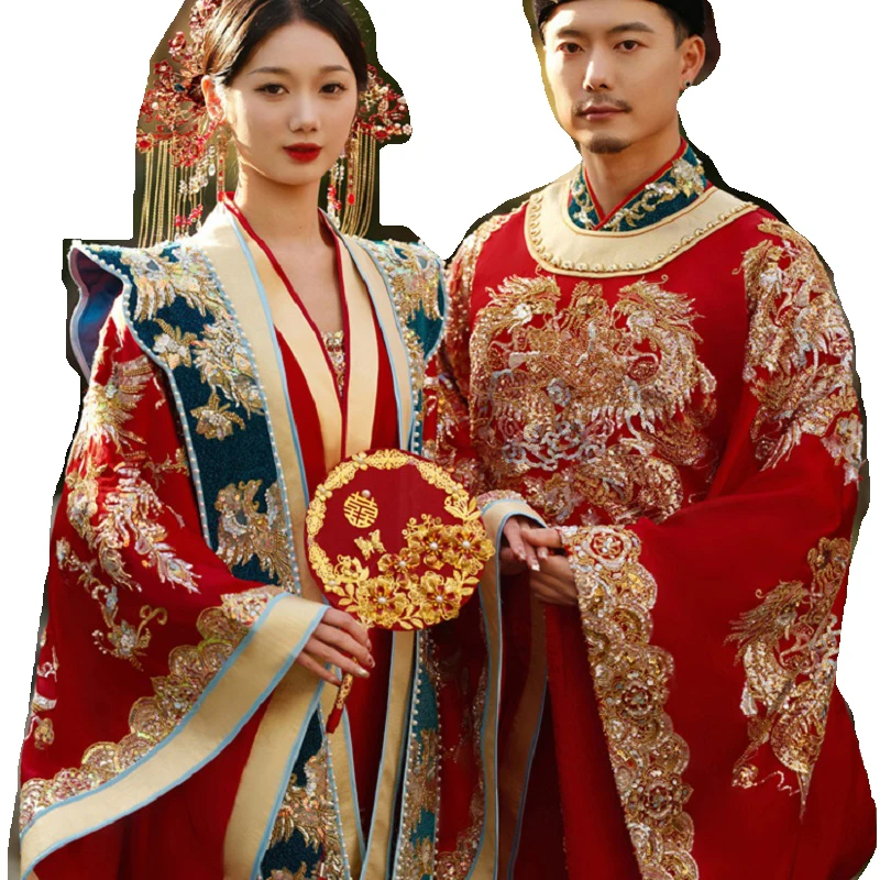 Ming Dynasty Costume Hand Made Groom Dragon Embroidery Xiuhe Clothing Ancient China Trend Bride Phoenix Hanfu Wedding Dress