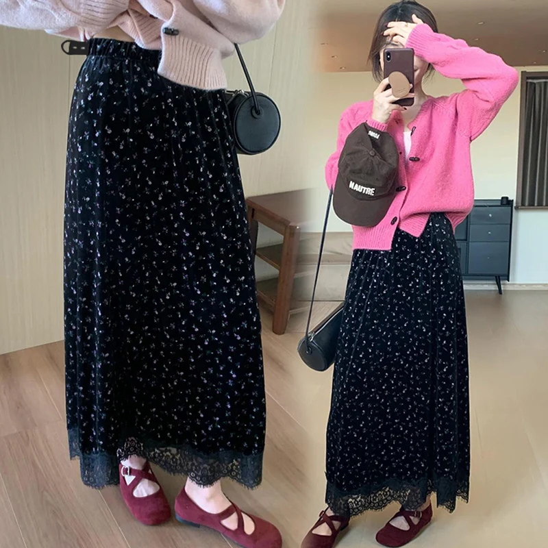 Good Quality Pregnant Woman Floral Skirts for Autumn Winter Korean Style Maternity Velour Belly Skirt Irregular Lace Patchwork