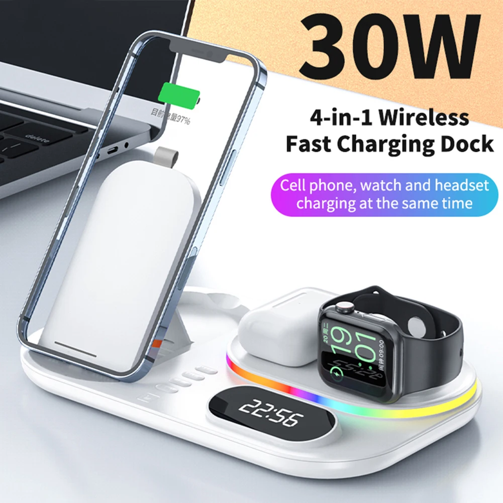 3 in 1 Digital Display Magnetic Wireless Charger Stand Portable RGB 30W Fast Charging Dock Station for iPhone 13 Pro / iWatch 7E |
