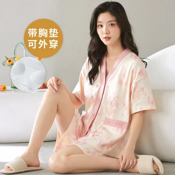 2025 New Cotton Short Sleepwear for Women with Bra Pad V Neck Loungewear Summer Printed Pjs Pyjamas Mujer Young Girl Homewear
