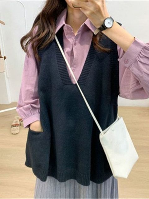 Fashion Sweater Vest Women V-neck Knitted Solid Simple All-match Loose Leisure Trendy Pocket Classic Jumper 3XL 4XL Womens