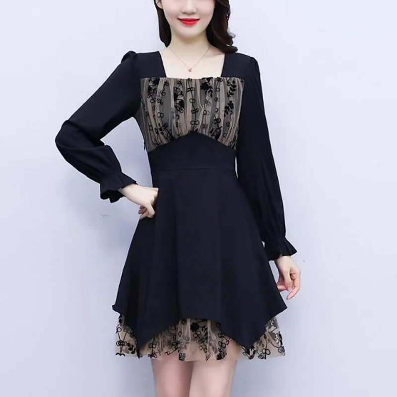 

Elegant Square Collar Spliced Printed Folds Mini Dress Women's Clothing 2023 Autumn New Oversized Office Lady Princess Dress