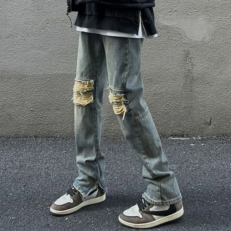 

Men's Jeans with Slits Man Cowboy Pants Slim Fit Trousers Tight Pipe Broken Torn Holes Ripped Zipper Punk Skinny Y2k Streetwear