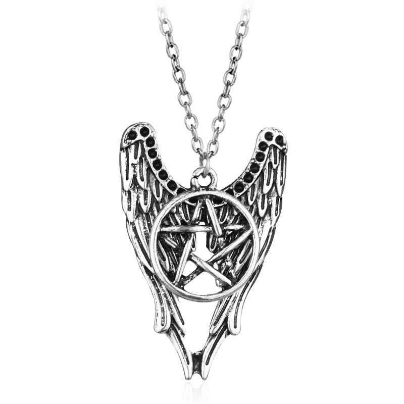 Vintage Silver Tone Angel Wings Necklace with Gothic Pentagram Amulet Pendant