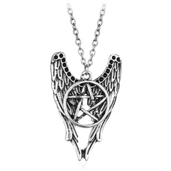 Vintage Silver Tone Angel Wings Necklace with Gothic Pentagram Amulet Pendant (XL0028)