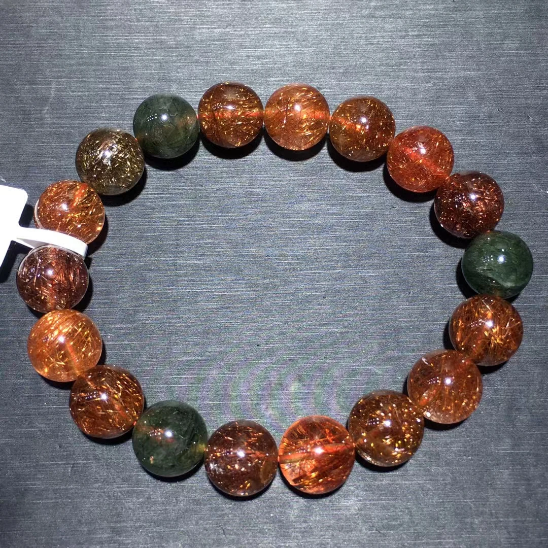 

Natural Copper Rutilated Quartz Bracelet Cat Eye Clear Round Beads 11.5mm Green Rutilated Women Man Bracelet AAAAA