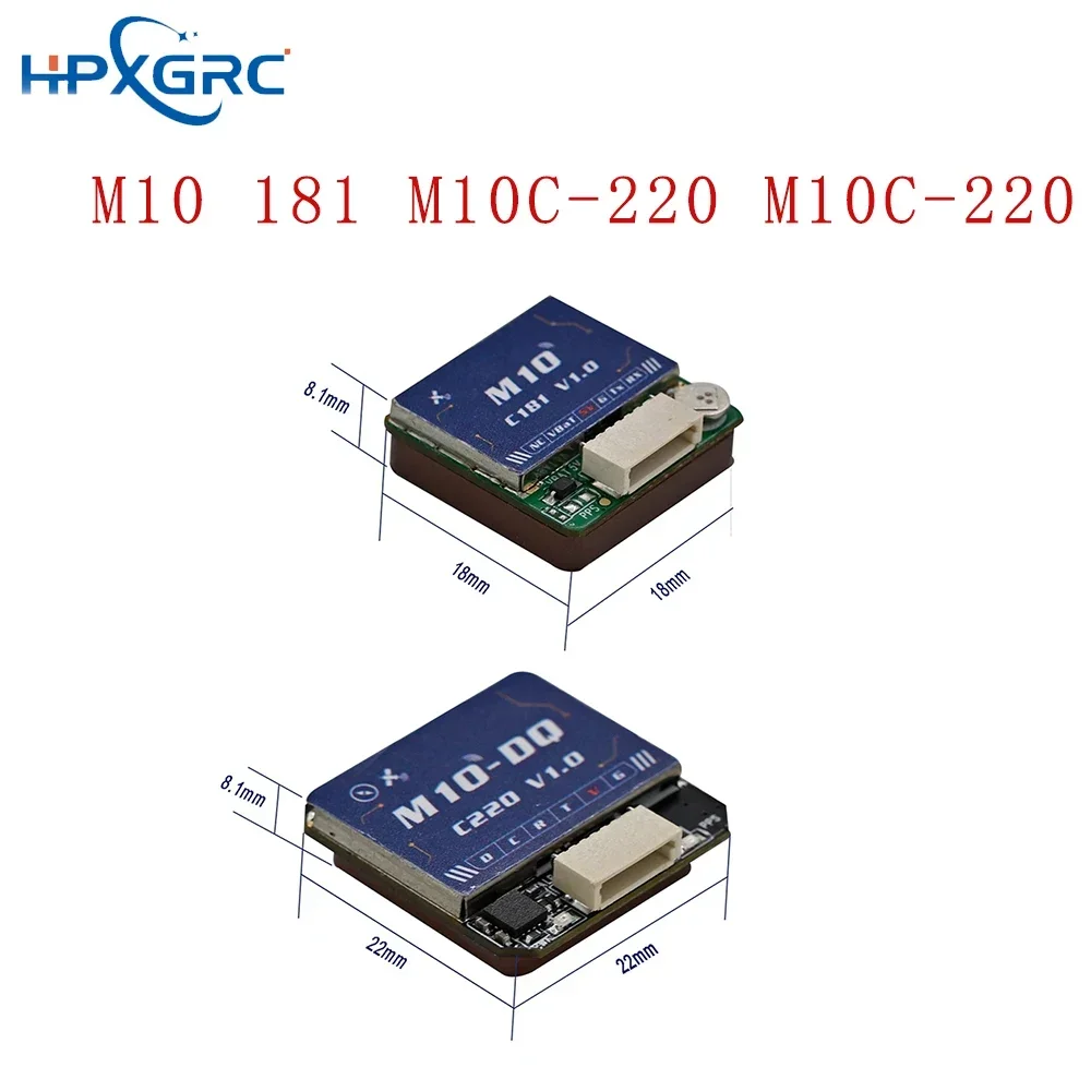 Module GPS M10 avec boussole pour drone FPV, montrant le boîtier noir et les connecteurs sur fond blanc.