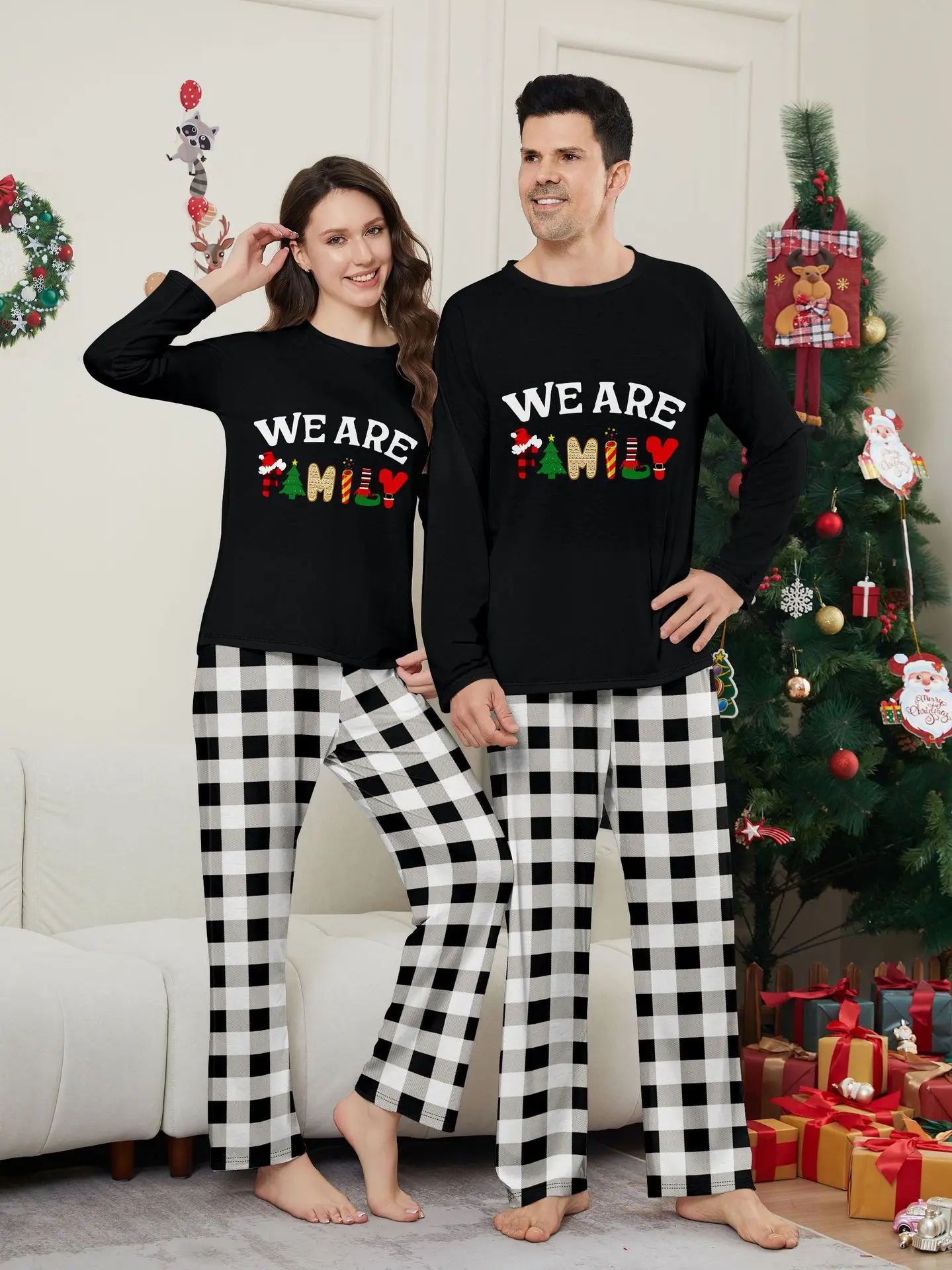 Happy New Year Family Matching Outfits Letter Plaid Print Parent-child 2 Pieces Suit Sleepwear Soft Loose Pajamas Set Xmas Wear - 2