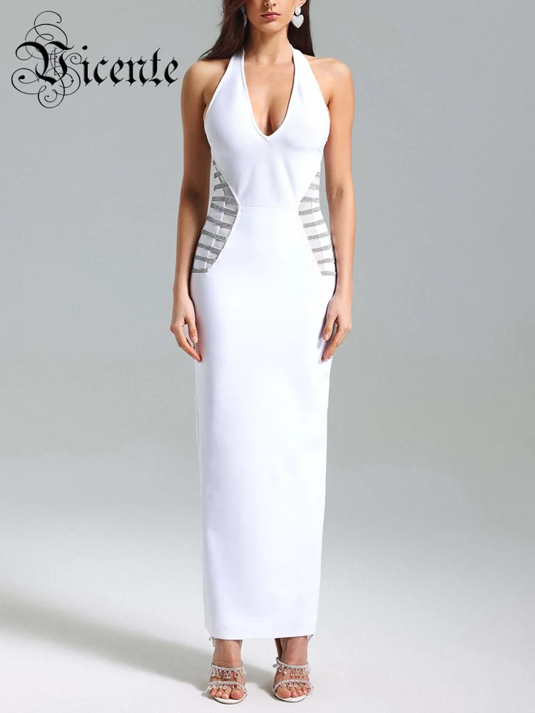 

VC White Bandage Long Dresses Women Sexy Deep V-Neck Halter Waist Crystal Skinny Maxi Gown Celebrity Party Wear