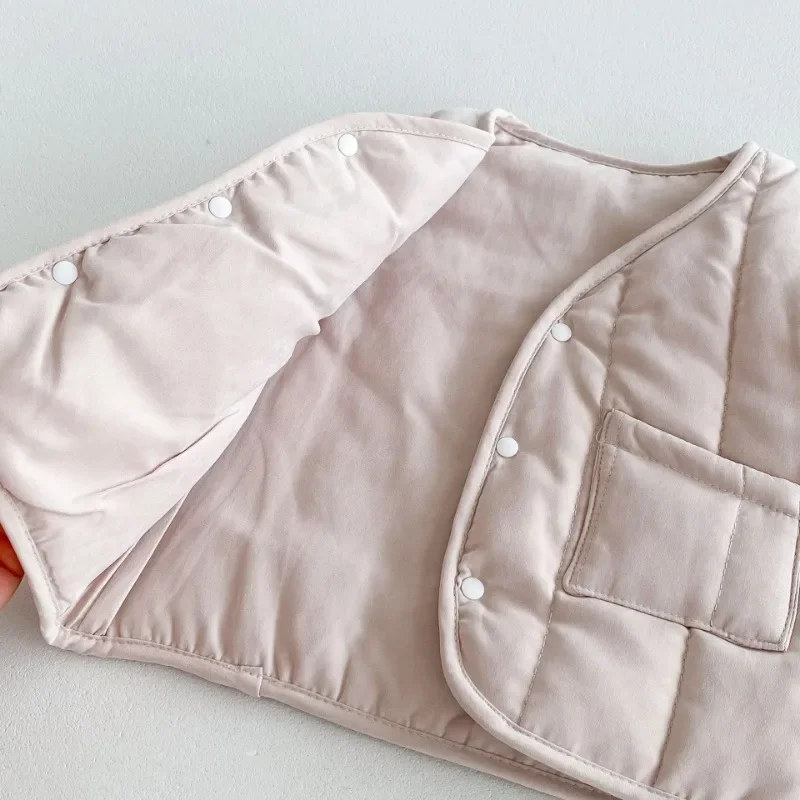 한국 스타일 가을 겨울  여아 조끼, 단색 조끼, 두꺼운 브이넥, 따뜻한 민소매 면 안감 아우터, H4T02