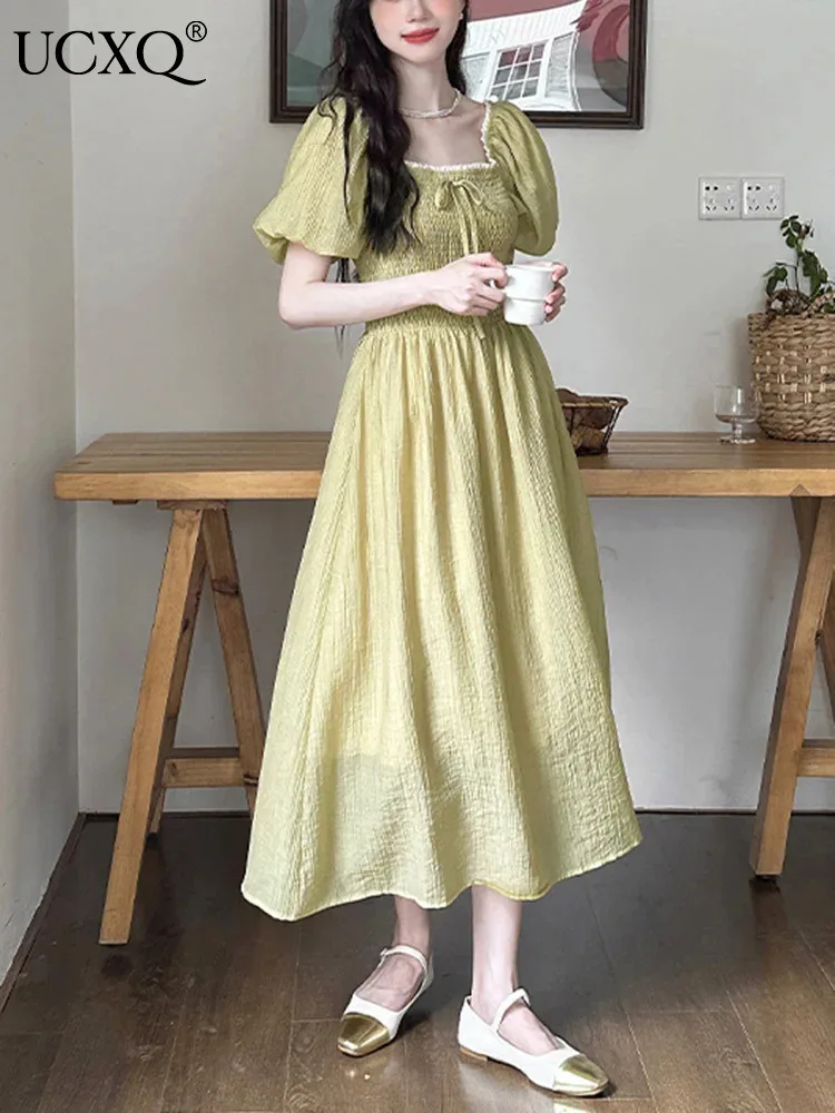 

UCXQ Lace Up Patchwork Square Neck Short Sleeved Dress Gentle Green Waist Elegant Long Dresses For Women 2024 Spring Summer 8479