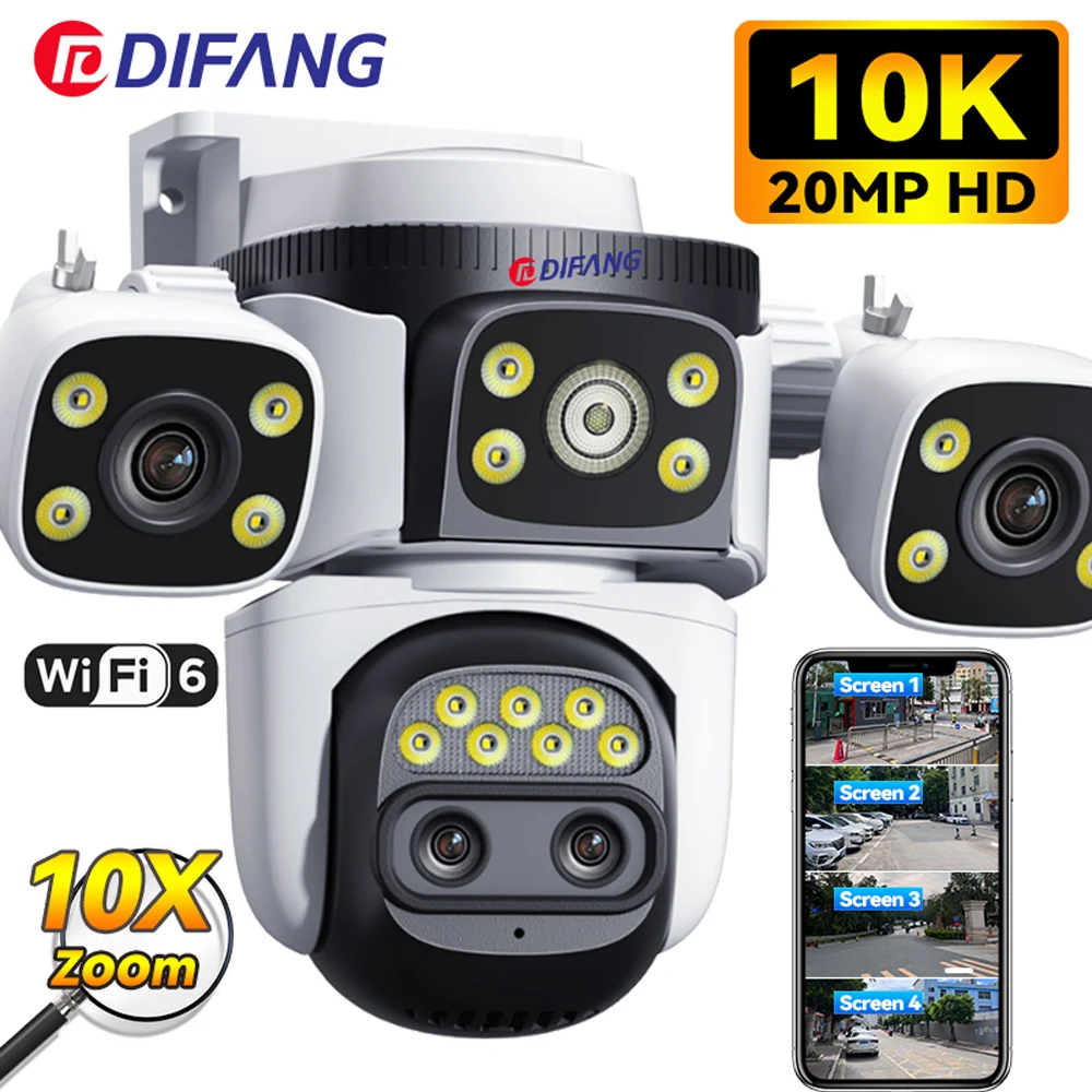 10K 20MP External IP Camera WiFi Surveillance Outdoor Four Lens Four Screen PTZ 10X Optical Zoom CCTV Security Protection New