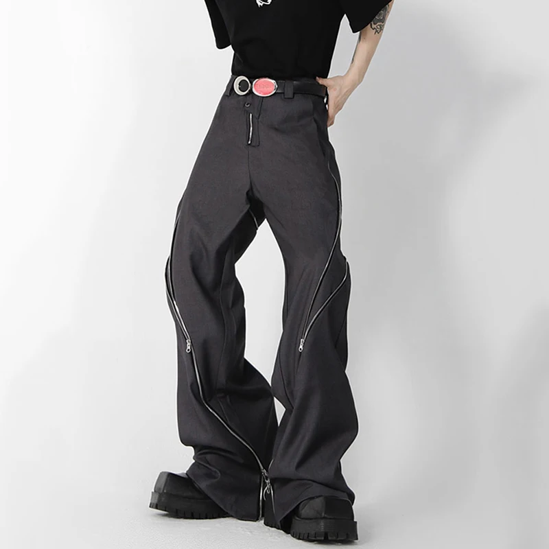 Niche Design Zipper Slit Men Trousers Straight Tube Casual Pants Wide Leg Darkwear Solid Color Male Fashion 9A5414