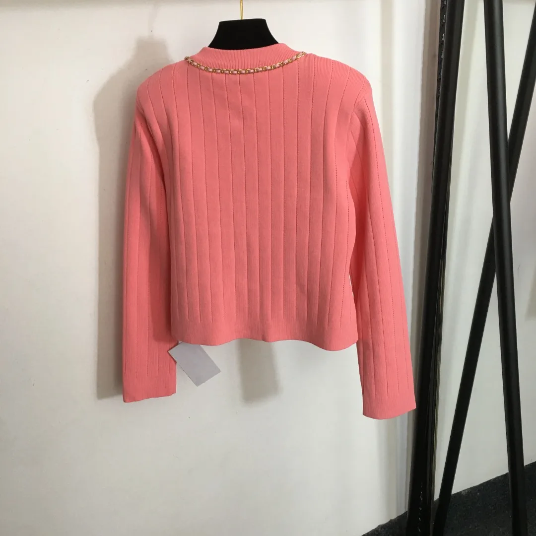 

New button hardware chain link round neck long sleeved knitted cardigan top