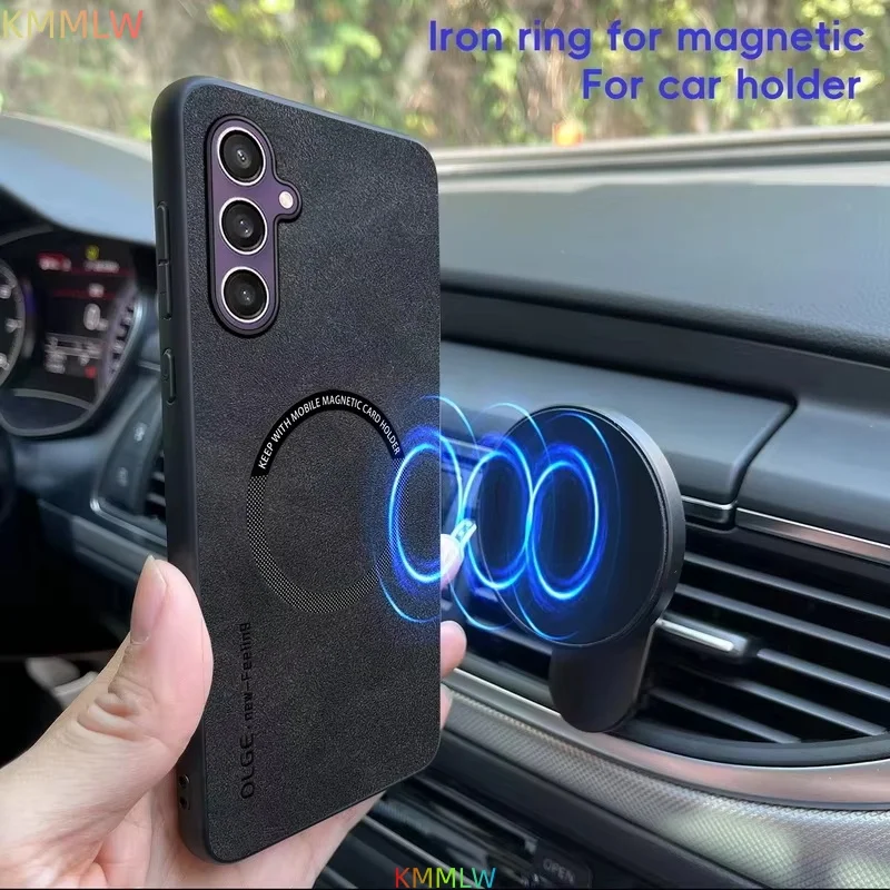 Luxury Leather Matte Phone Case with Car Magnetic Bracket Protector Cover