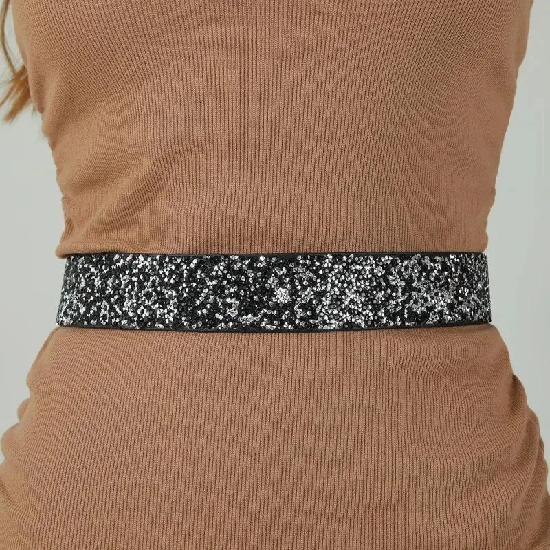 Women Belt Rhinestone Inlaid Elastic Waistband Sparkling Fashion Crystal Waist Cover Elastic Waist Closure Wide Belts With Dress